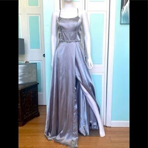 Size 6 Clarisse 3712 Open Back Side Slit Satin Prom Dress Platinum Silver NWD